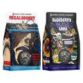 The front of two twelve ounce bags of Bones Coffee Company flavored coffee. The bag on the left is Megalodonut, and the bag on the right is Blueberry Blast Cake. Megalodonut is boston cream donut flavor, Blueberry Blast Cake is blueberry pancake flavor.