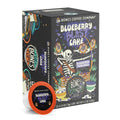 The front of the Bones Coffee Company Blueberry Blast Cake 12 Count Bones Cups box. Its flavor is blueberry pancakes. It has a skeleton using a bow and arrow with a blueberry on the tip shooting at pancake targets.