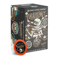 The front of the Bones Coffee Company Crazelnut 12 Count Bones Cups box. Its flavor is hazelnut. It has a skeleton with crazy eyes and a cracked skull eating hazelnuts with other hazelnuts flying around on the art.