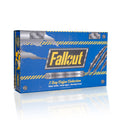 The front of the Fallout Collector’s Box. It’s a faded blue with yellow speckles across it like time has aged it. There are tears into it that look like claws that show a fake metal underneath the blue. It says the coffees are Valiant Vanilla, Atomic Apple, and Wasteland Crunch.