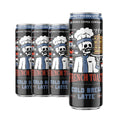 Four French Toast cold brew latte cans. The art on the can shows a skeleton in a chef's coat and hat with a mustache holding a plate of fresh french toast.