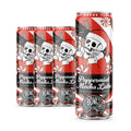Four Peppermint Mocha latte cans. The art on the can shows a skeleton with a Santa Claus hat and jacket on holding a glass with latte inside it.