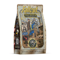 A 12 ounce bag of flavored coffee named Rocky Route 66. It is inspired by Fallout and is Rocky Road flavored, and the art has Lucy, The Ghoul, and Maximus on a road on it.