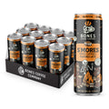 A 12-pack display tray and a single can of Bones Coffee Company S'mores Naturally & Articholi Flavored Latte, featuring a black and orange color scheme with cartoon skeleton campfire illustrations.