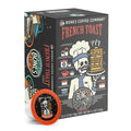 The front of the Bones Coffee Company French Toast 12 Count Bones Cups box. Its flavor is french toast, and it has a skeleton dressed in a chef’s coat and hat holding up a plate of fresh french toast on the art.