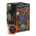 The front of the Bones Coffee Company Jacked O' Lantern 12 Count Bones Cups box. Its flavor is pumpkin spice. It has a skeleton with a pumpkin on its head riding a horse while holding a mug of coffee.