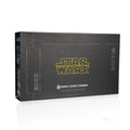The front of the Star Wars Collector’s Box is colored black with silver circuit-like strips going around the box. Stars are featured on the front face alongside the logo for Star Wars and Bones Coffee Company. On the side it has a silver grate pattern.