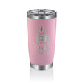A pink tumbler that has the Bones Coffee Company logo on it. The logo has a skull that looks like a mug and has steam coming out of it above the text Bones Coffee Co with the word Bones spelled with bones.