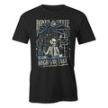 The front of the men's High Voltage tee shirt. It is colored black and has the art of the High Voltage coffee on it. It showcases a skeleton in a lab coat inside a laboratory with blue lightning in the background on the art.