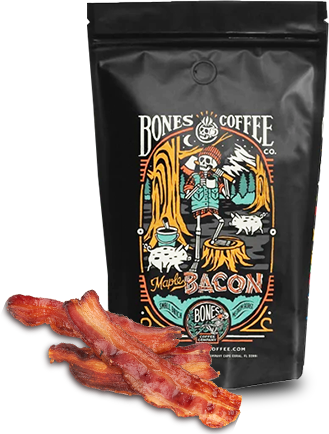 Bones Coffee Co. Maple Bacon flavored coffee bag with bacon strips in front.