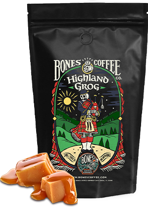 Bones Coffee Co. Highland Grog coffee bag with caramel pieces