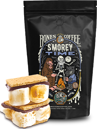 Bones Coffee Company S'morey Time coffee bag with s'mores in front