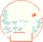 Bones Coffee Company circular logo with skeleton and coffee plant illustrations.