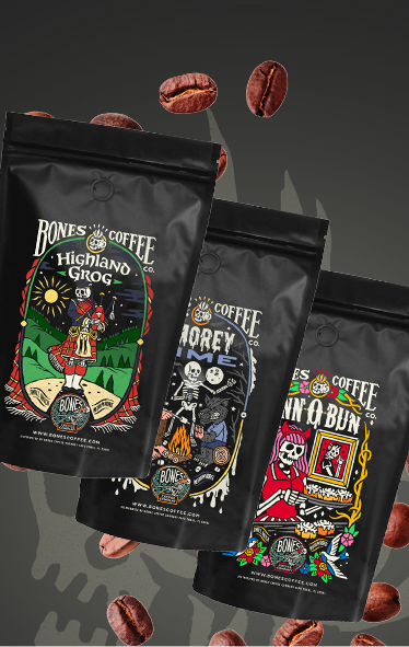 Three bags of Bones Coffee Co. featuring colorful skeleton-themed designs with coffee beans scattered around.