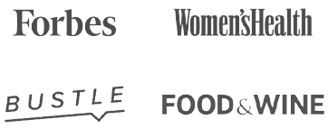 A grid of logos for major publications: Forbes, Women's Health, Bustle, and Food & Wine.